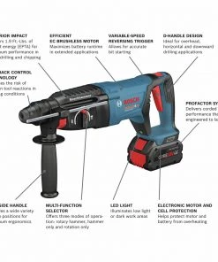 Bosch GBH18V-26DK24 Bulldog 18V EC Brushless Lithium-Ion 1 In. Cordless SDS-plus Rotary Hammer Kit With 2 Batteries (8 Ah) -Woodworking Tools store bshngbh18v 26dk24 c