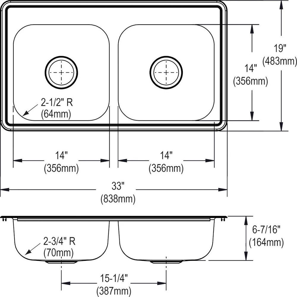 Elkay D233193 Dayton Top Mount 33 In. X 19 In. Equal Double Bowl Sink (Stainless Steel) 6 Elkay D233193 Dayton Top Mount 33 In. X 19 In. Equal Double Bowl Sink (Stainless Steel) - Image 4