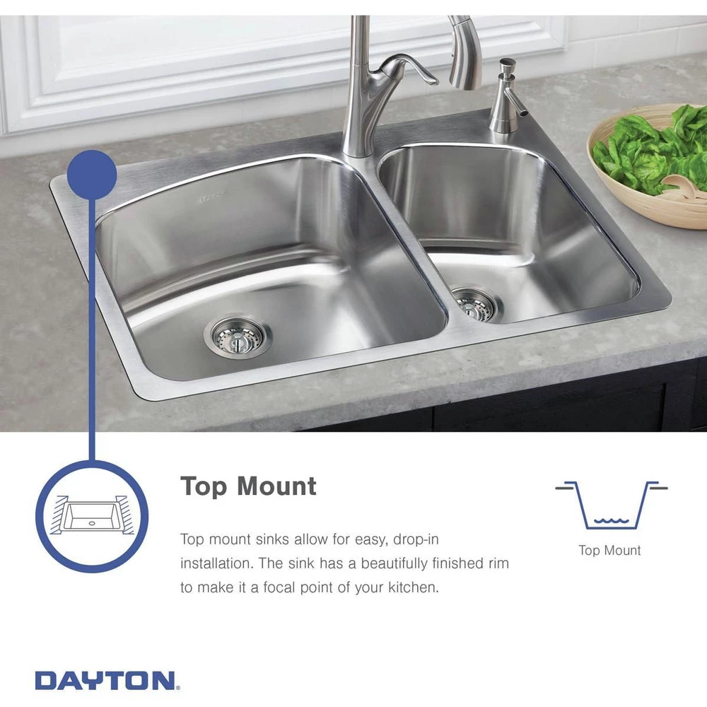 Elkay D233193 Dayton Top Mount 33 In. X 19 In. Equal Double Bowl Sink (Stainless Steel) 9 Elkay D233193 Dayton Top Mount 33 In. X 19 In. Equal Double Bowl Sink (Stainless Steel) - Image 7