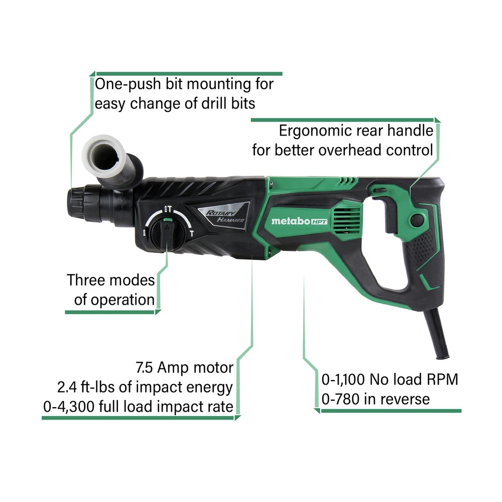 Metabo HPT DH26PFM 7.5 Amp Brushed 1 In. Corded SDS Plus 3-Mode D-Handle Rotary Hammer 4 Metabo HPT DH26PFM 7.5 Amp Brushed 1 In. Corded SDS Plus 3-Mode D-Handle Rotary Hammer - Image 2