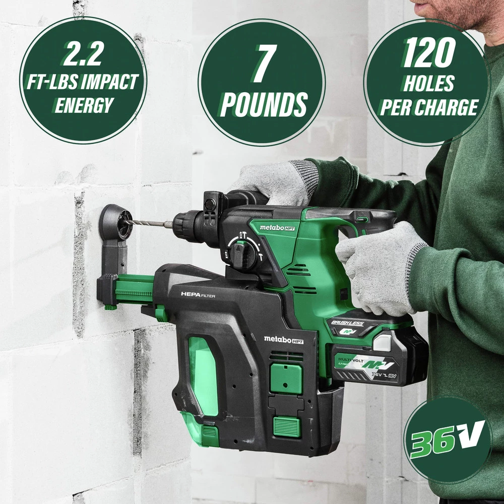 Metabo HPT DH36DPAM MultiVolt 36V Brushless Lithium-Ion 1-1/8 In. Cordless SDS Plus Rotary Hammer Kit With 2 Batteries (4 Ah) 7 Metabo HPT DH36DPAM MultiVolt 36V Brushless Lithium-Ion 1-1/8 In. Cordless SDS Plus Rotary Hammer Kit With 2 Batteries (4 Ah) - Image 5